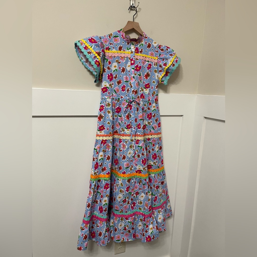 CeliaB Blue Floral Tiered Midi Dress with Multicolor Trim - Picture 3 of 7